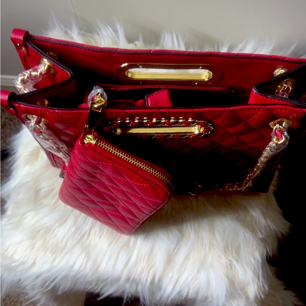red faux leather handbag